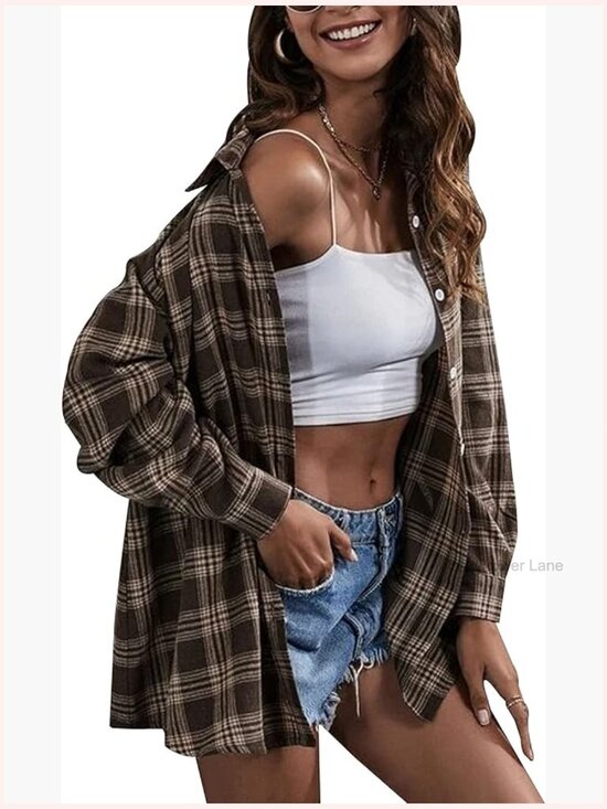 Tops - Oversized Button Down Flannel Plaid Shirt Long Sleeve